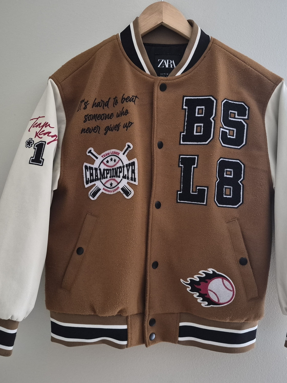 Zara Varsity Bomber Jacket Baseball Patch Brown Cream Size 11/12 Fits Women XS/S
